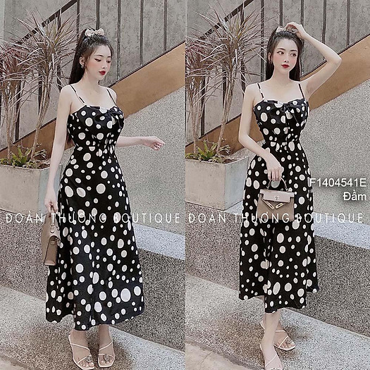 Đầm maxi chấm bi dáng xòe phối nơ ngực 2 dây!