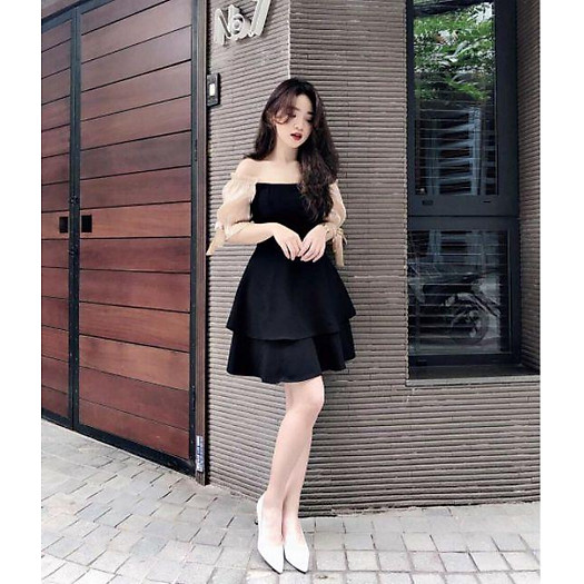 Đầm dự tiệc trễ vai tay phồng cột nơ