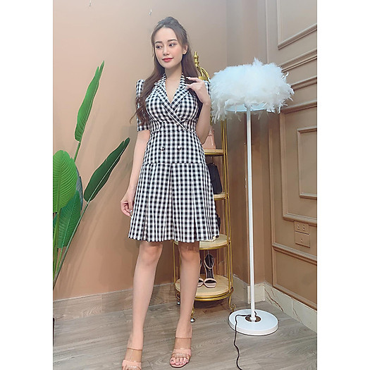 Đầm Xòe Caro Công Sở 2 Lớp Thời Trang