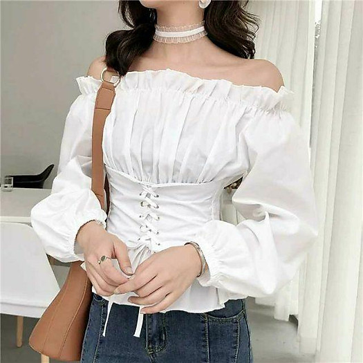 Áo trễ vai đan dây buộc dây eo dài tay