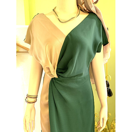 Đầm dự tiệc xoắn eo cổ V phối màu chất lụa xinh xắn