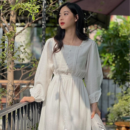 Đầm trắng babydoll cổ vuông tay phồng HL2126  Thời trang công sở KK  Fashion