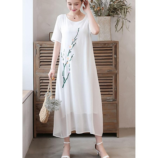 Đầm suông voan 2 lớp in hoa đào, vải voan 2 lớp mềm mại, hàng nhập Quảng Châu