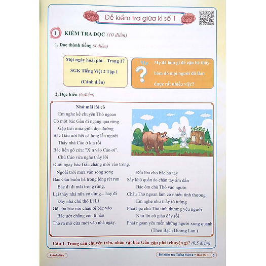 Đề Kiểm Tra Tiếng Việt Lớp 2 - Học Kì 1 (Cánh Điều)