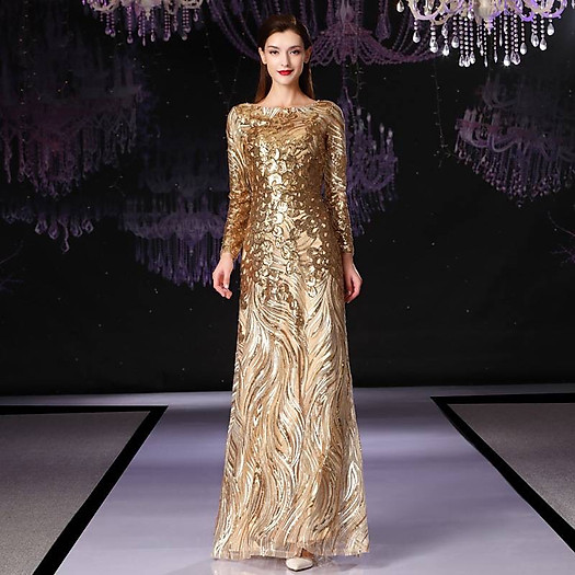 ĐẦM DẠ HỘI CỔ THUYỀN ĐÍNH KIM SA - HN1585