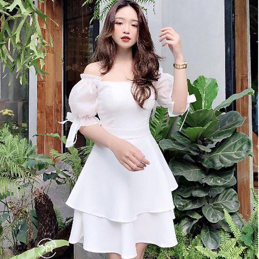 Đầm dự tiệc trễ vai tay phồng cột nơ