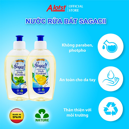 Nước rửa bát đậm đặc Sagacii, không chất tạo màu, không Paraben, không Phốt pho, an toàn khi sử dụng và thân thiện với môi trường