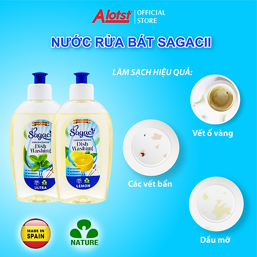Nước rửa bát đậm đặc Sagacii, không chất tạo màu, không Paraben, không Phốt pho, an toàn khi sử dụng và thân thiện với môi trường