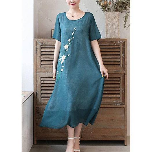 Đầm suông voan 2 lớp in hoa đào, vải voan 2 lớp mềm mại, hàng nhập Quảng Châu