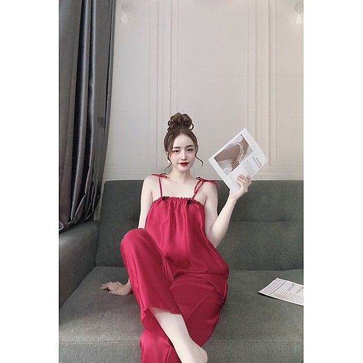 Bộ đồ ngủ lụa 2 dây quần dài siêu dễ thương