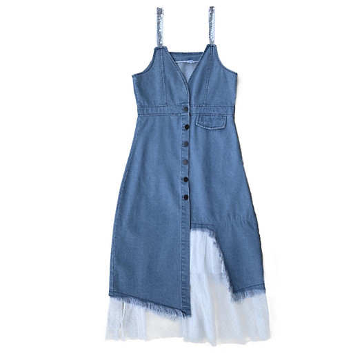 Đầm jeans yếm 2 dây phối voan