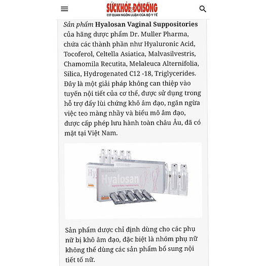 Viên đặt giảm khô vùng kín - Hyalosan vaginal suppositories (Hộp 2 vỉ x 5 viên)