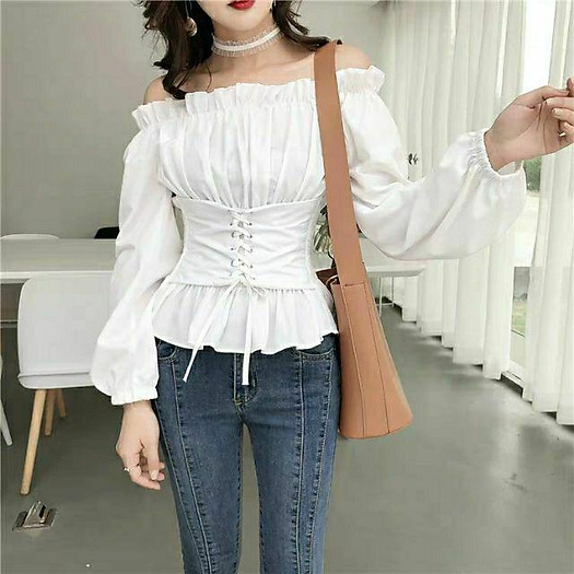 Áo trễ vai đan dây buộc dây eo dài tay