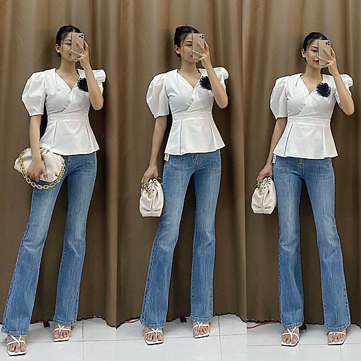 Quần jeans loe lưng cao 2 nút