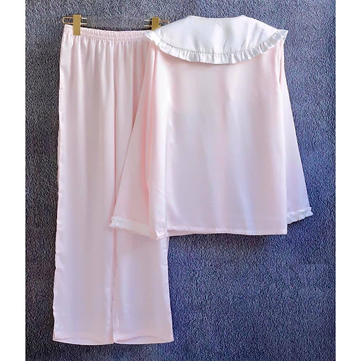 pijama lụa dài cổ bèo tiểu thư