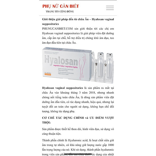 Viên đặt giảm khô vùng kín - Hyalosan vaginal suppositories (Hộp 2 vỉ x 5 viên)