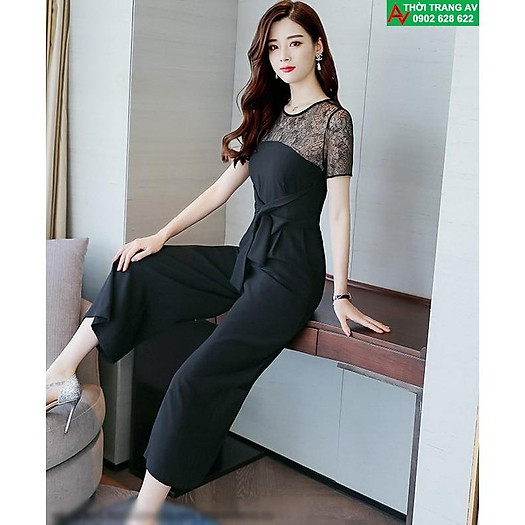Jumpsuit - Đồ bay lửng ống rộng phối ren thắt nơ eo - AV5947