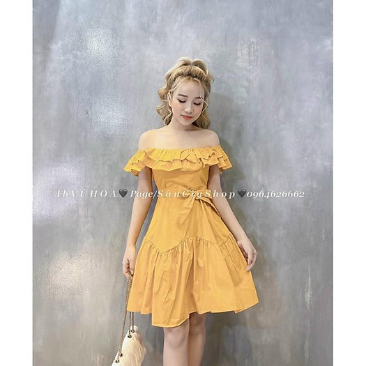 Váy trễ vai xoè nơ eo siêu đẹp. Size S M