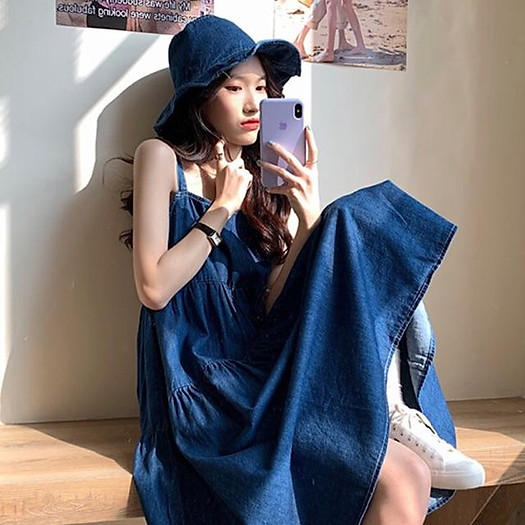 Váy (đầm) denim retro dài 2 dây- hàng nhập-kèm nón