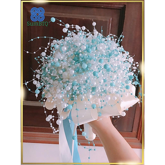 Hoa Cưới Cầm Tay Hạt Cườm Trắng Xanh