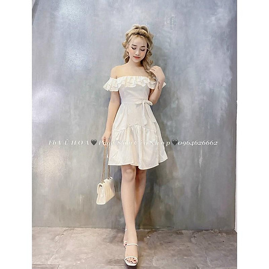 Váy trễ vai xoè nơ eo siêu đẹp. Size S M