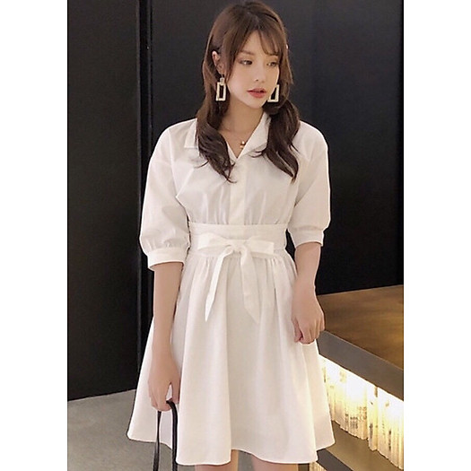Đầm sơ mi trắng thắt eo