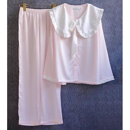 pijama lụa dài cổ bèo tiểu thư