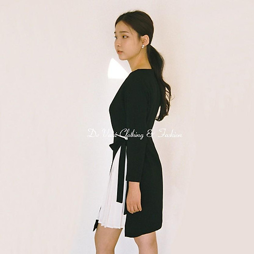 Đầm dự tiệc tay dài màu đen phối lụa voan cát trắng