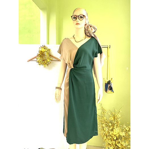 Đầm dự tiệc xoắn eo cổ V phối màu chất lụa xinh xắn