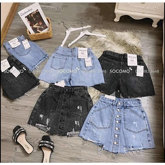 Quần sooc bò giả váy đính cúc