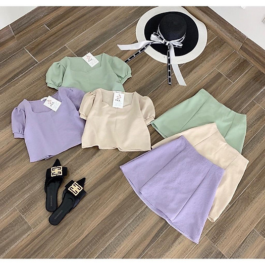 Set áo quần croptop 2 màu️ tím và rêu siêu hot️