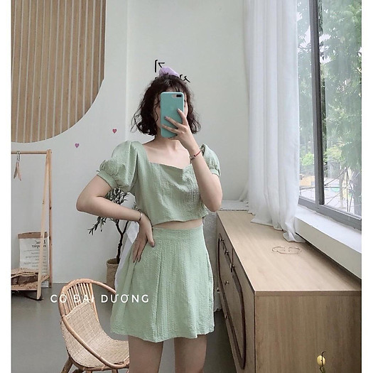 Set áo quần croptop 2 màu️ tím và rêu siêu hot️