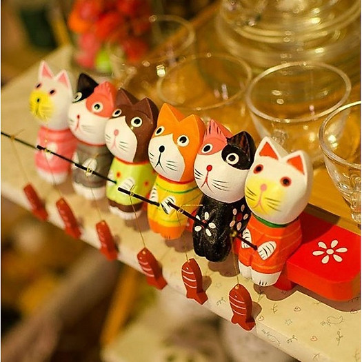 Bộ 6 mèo gỗ ngồi câu cá - Mô hình trang trí  BachHoaZ.com