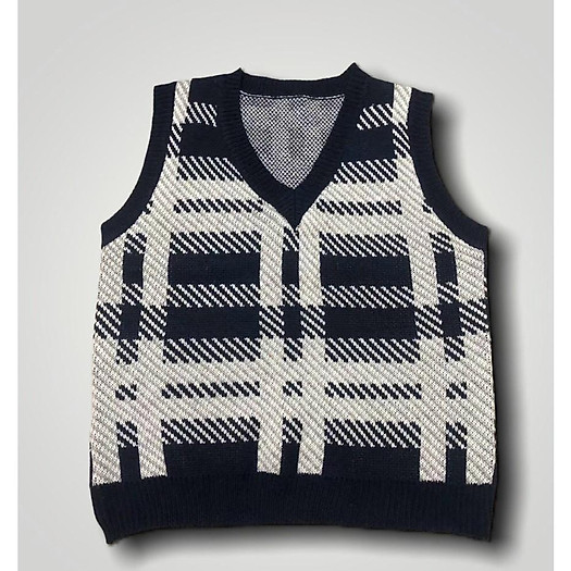 Áo gile nữ len ulzzang cổ chữ V họa tiết kẻ ô đen trắng