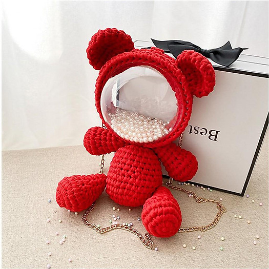 Balo Gấu Đan Len - Ba lô Vừa Là Túi Đeo Chéo - Thành Phẩm Hoặc Tự Móc Dễ Dàng Theo Video Hướng Dẫn - Nhung Đỏ