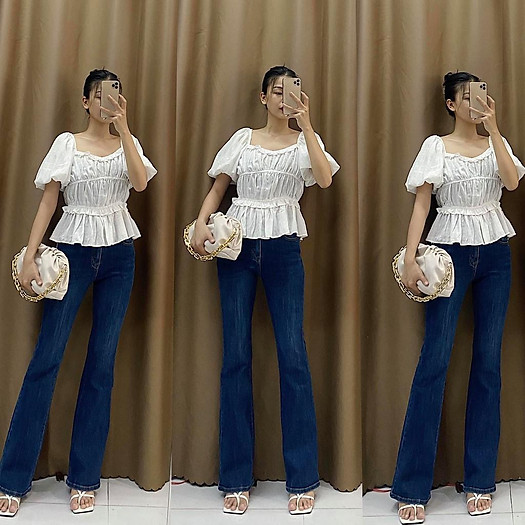 Quần jeans loe lưng cao 2 nút