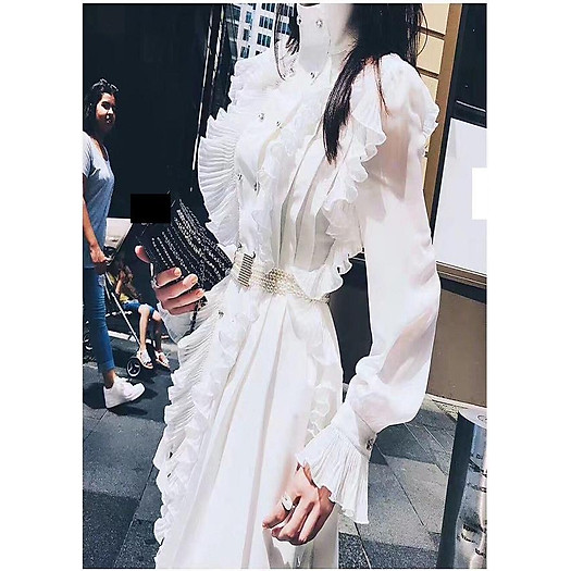 đầm tiểu thư trắng tay dài phối nút kèm belt cao cấp