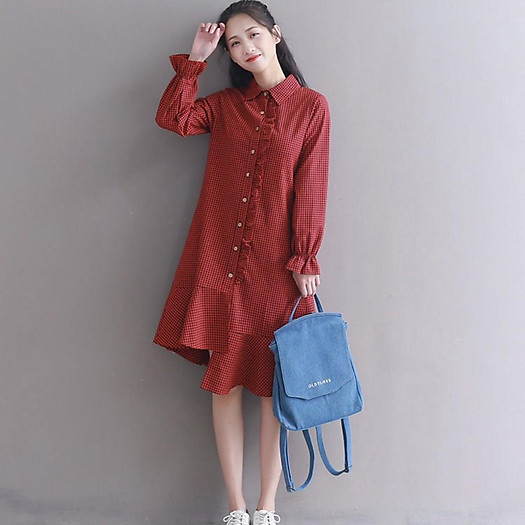 Đầm Suông Sơ Mi Caro Lệch Tà Hai Màu - DS756