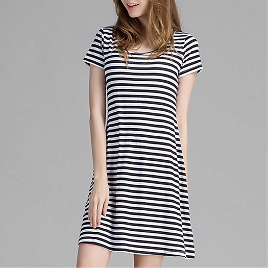 D005 - Đầm thun cotton dễ thương sọc đen trắng có thể mặc đi chơi dạo phố, làm đầm mặc nhà, đầm đi ngủ. Macmot