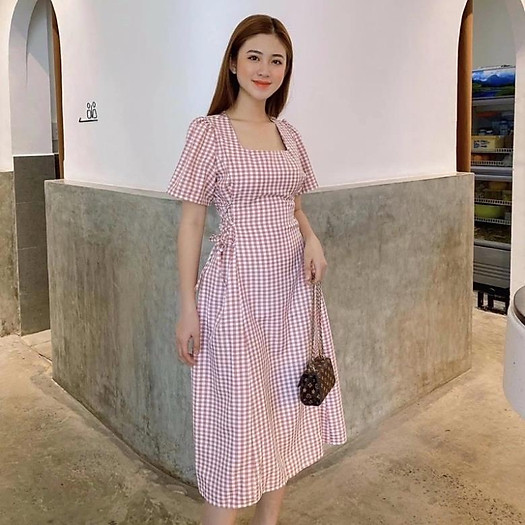 X2 Đầm váy caro xanh cổ vuông đan dây eo (kèm hình thật) tasa