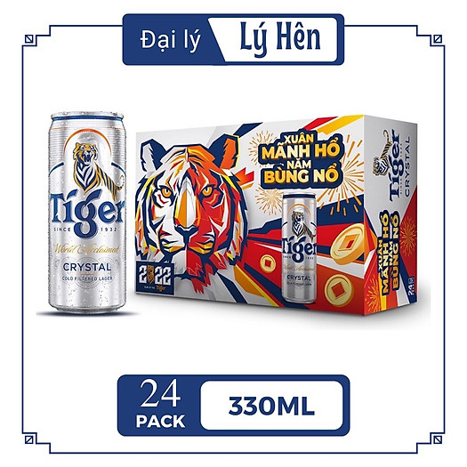 Thùng 24 Lon Cao Bia Tiger Crysal Sleek Bao Bì Xuân - Tiger Bạc 330ml/Lon Date Luôn Mới