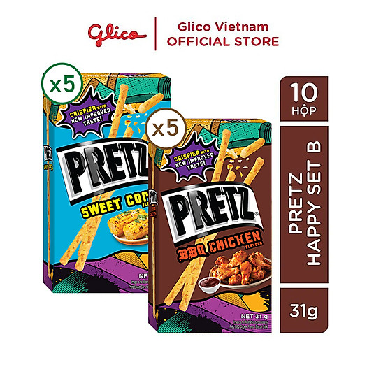 Bánh que nướng giòn mix vị gà nướng và bắp GLICO Pretz (Combo