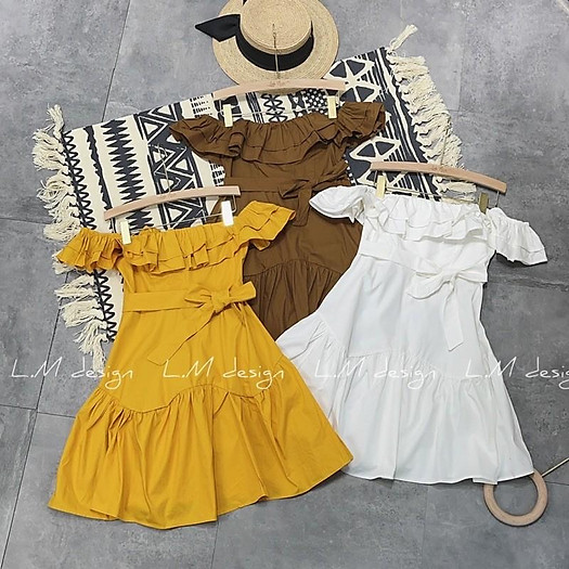 Váy trễ vai xoè nơ eo siêu đẹp. Size S M