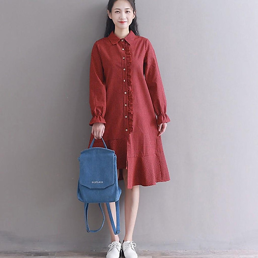 Đầm Suông Sơ Mi Caro Lệch Tà Hai Màu - DS756