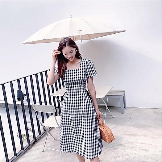 X2 Đầm váy caro xanh cổ vuông đan dây eo (kèm hình thật) tasa
