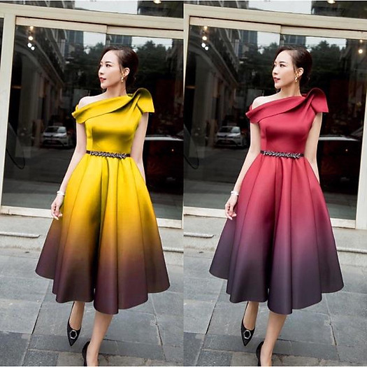Đầm xoè lệch vai phối màu ombre