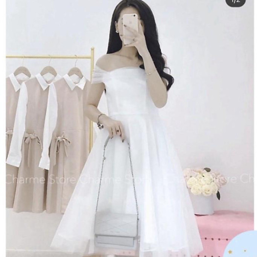 Váy-đầm trắng trễ vai công chúa dự tiệc