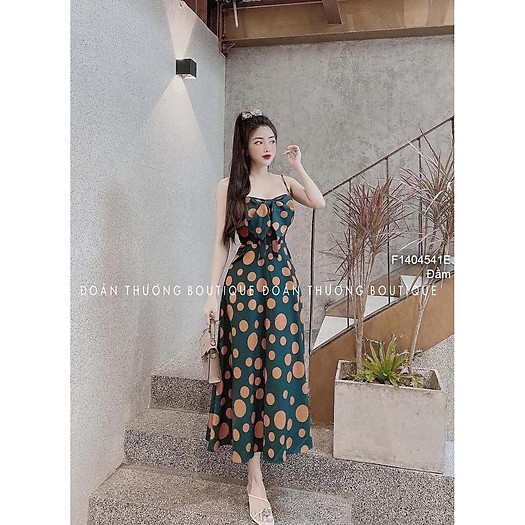 Đầm maxi chấm bi dáng xòe phối nơ ngực 2 dây!