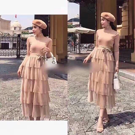 CHÂN VÁY DÀI XẾP TẦNG THẮT NƠ Ở EO SIÊU XINH