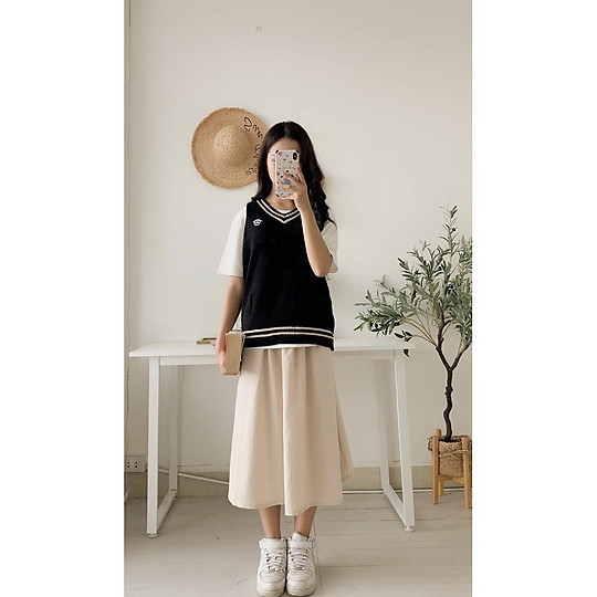 Chân váy chữ a kiểu vintage Hàn Quốc lưng cao bigsize dáng xẻ tà dài qua  gối đẹp mặc đi chơi làm công sở màu trắng đen thời trang - MixASale